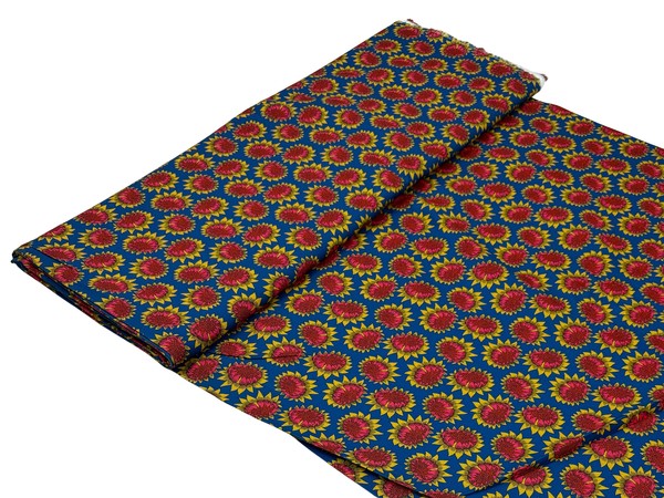 Pink Sunflowers on Blue Printed Cotton