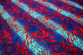 Royal & Aqua on Red Variegated Island Palms Cotton Dobby