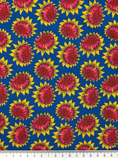 Pink Sunflowers on Blue Printed Cotton