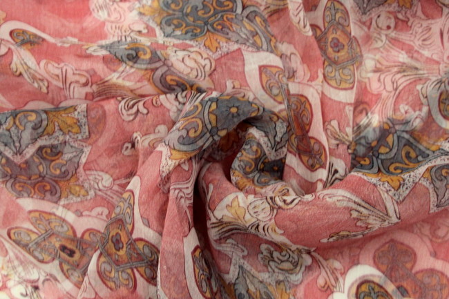 Floral & Fleur de Lis Shimmering Pink Printed Chiffon