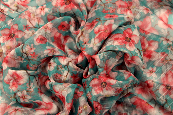 Cherry Blossoms on Teal Printed Chiffon 