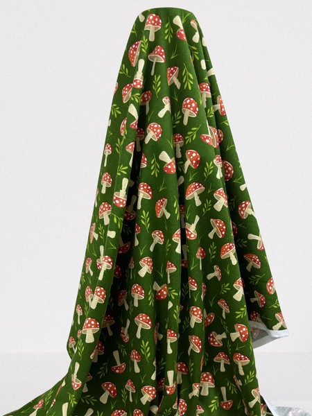 Toadstools on Bottle Green Winceyette