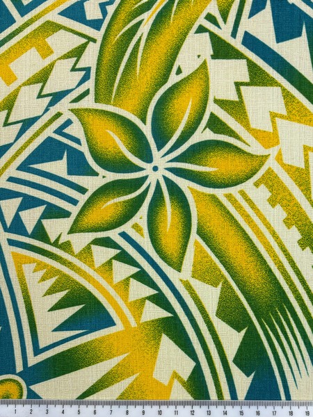 Yellow, Teal & Green Frangipani Pacific Island Cotton Dobby