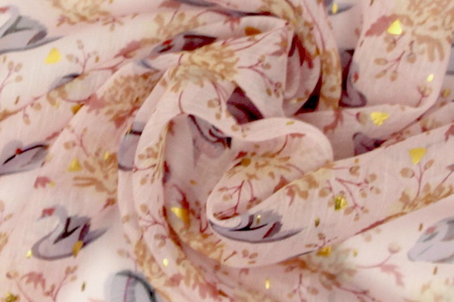 Elegant Swans with Gold on Pale Pink Crinkled Printed Chiffon
