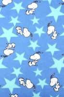 Jumping Snoopy Over Stars on Printed Blue Flannelette