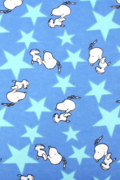 Jumping Snoopy Over Stars on Printed Blue Flannelette