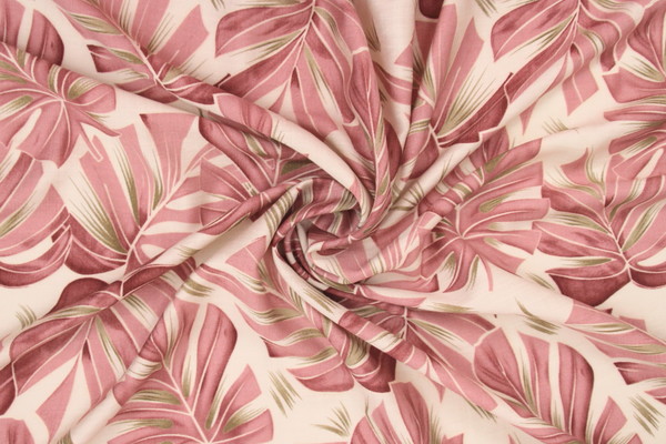 Rose Pink Palm Leaves on Ivory Printed Bamboo Cotton Blend