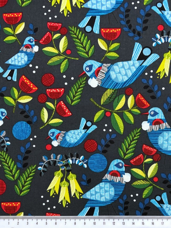 Tui & NZ Plants on Charcoal Printed Cotton