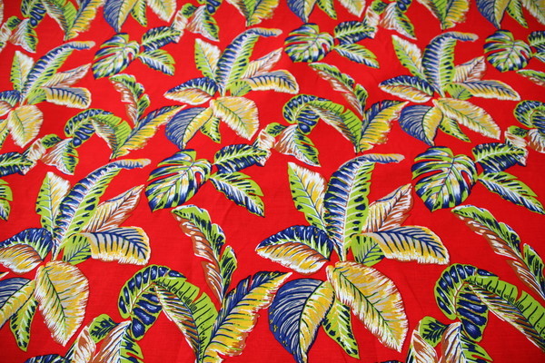 Palm Leaves on Red Linen Cotton Blend