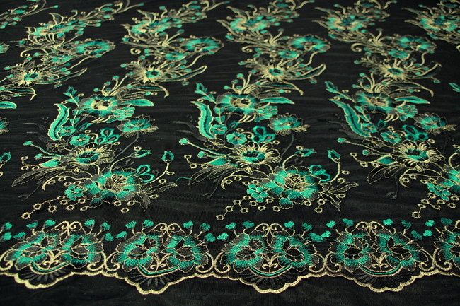 Gorgeous Jade, Gold & Black Embroidery on Black Mesh