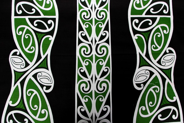 Green & White on Black Traditional Maori Design Printed Dobby
