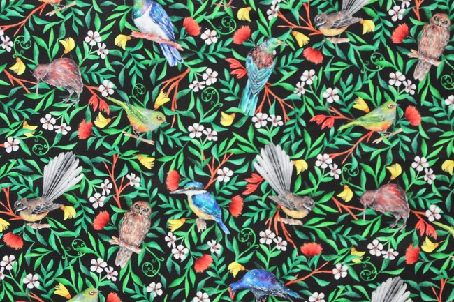 Native Birds on Printed Kiwiana Cotton
