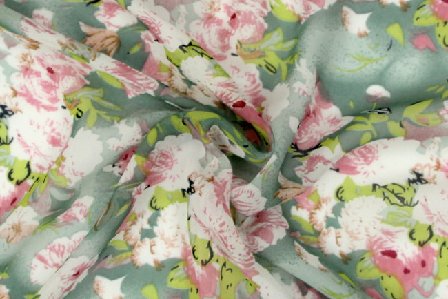 Pale Pink & White Rambling Roses on Sage Background Printed Chiffon