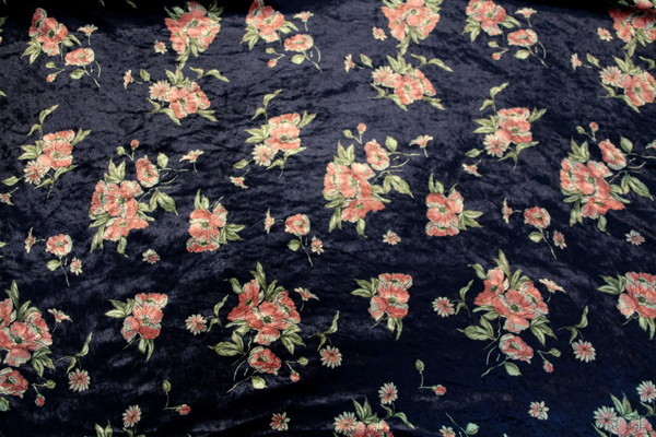 Peach Tones Floral on Navy Printed, Crushed, Stretch Velvet - 225 GSM