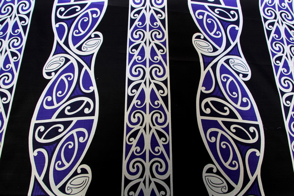  Purple & White on Black Traditional Maori Design Printed Dobby