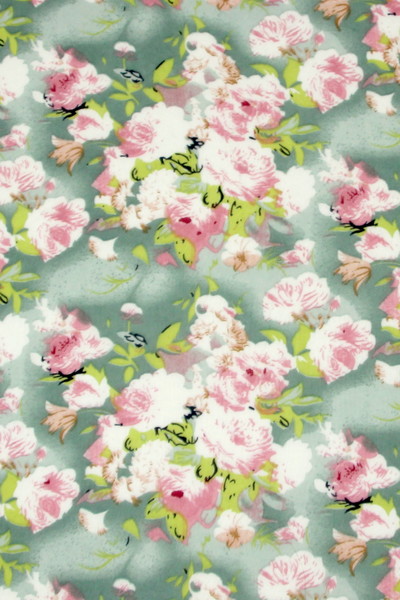 Pale Pink & White Rambling Roses on Sage Background Printed Chiffon