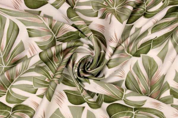 Green Palm Leaves on Ivory Printed Bamboo Cotton Blend