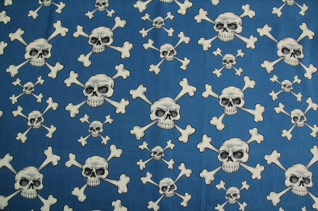 Skull & Cross Bones on Blue Printed Cotton