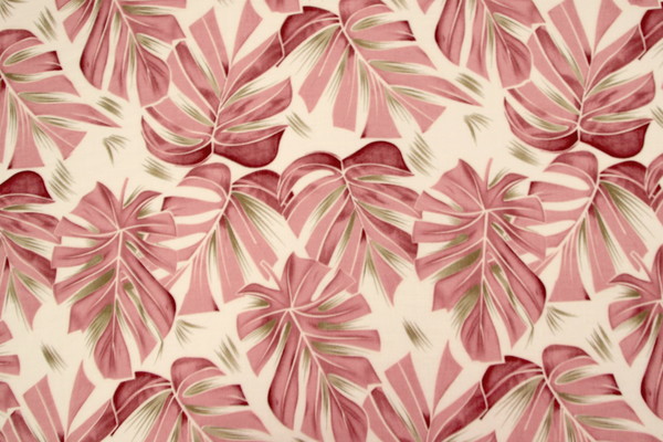 Rose Pink Palm Leaves on Ivory Printed Bamboo Cotton Blend