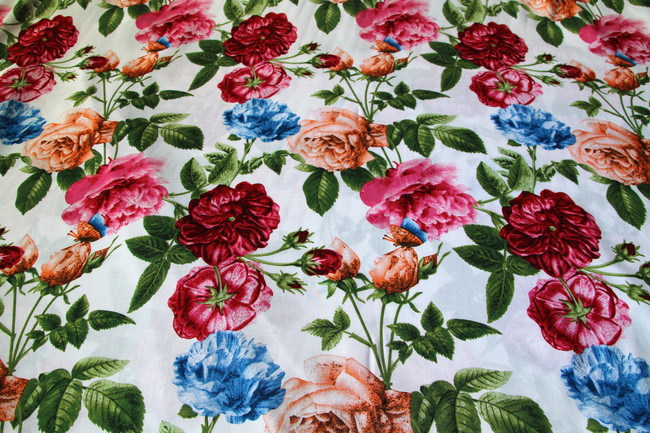 Butterflies & Roses on White Rayon New Image