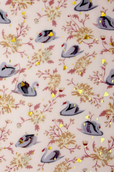 Elegant Swans with Gold on Pale Pink Crinkled Printed Chiffon