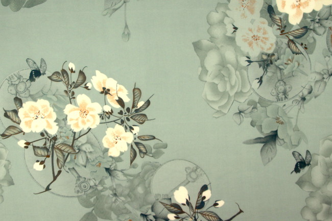 Hedgerow Blossoms on Vintage Sage Printed Stretch Satin