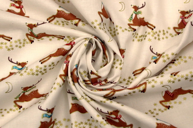Prancing Reindeers on Printed Cotton