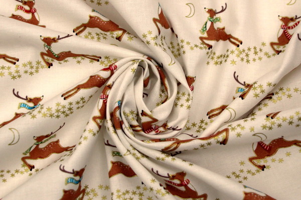 Prancing Reindeers on Printed Cotton