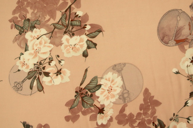 Hedgerow Blossoms on Pale Musk Pink Printed Stretch Satin