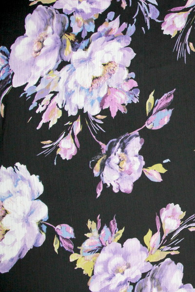Purple Multi Floral on Black Printed Crinkled Chiffon