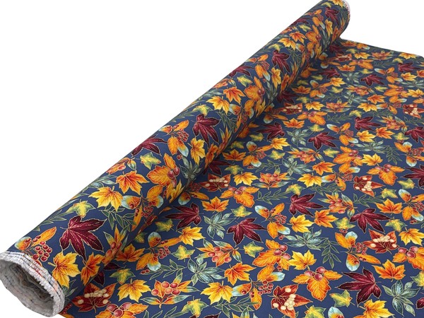 Foiled Autumn Leaves on Airforce Blue Printed Cotton