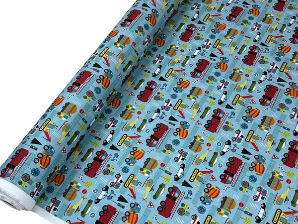 Trucks & Things on Blue Printed Cotton