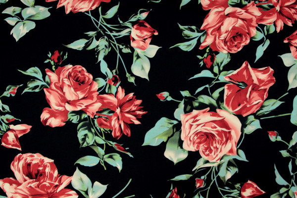 Dusky Red Roses on Black Printed Stretch Satin