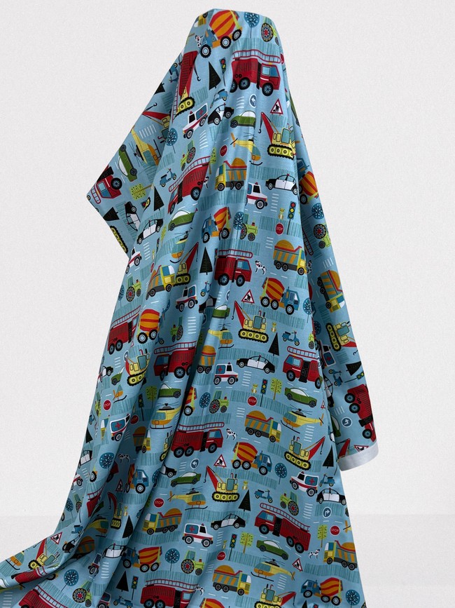 Trucks & Things on Blue Printed Cotton