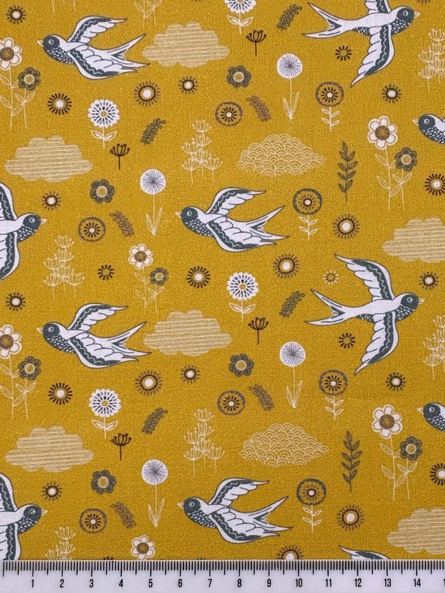 Swallows on Mustard Printed Cotton