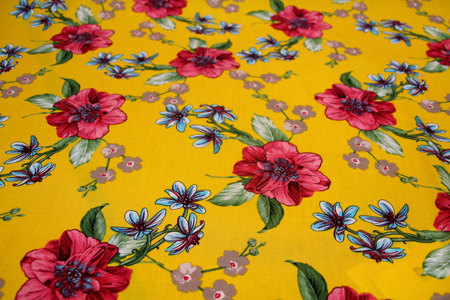* REMNANT - New Season Printed Rayon - Bright Flowers on Gold