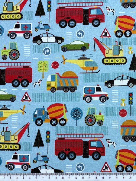 Trucks & Things on Blue Printed Cotton