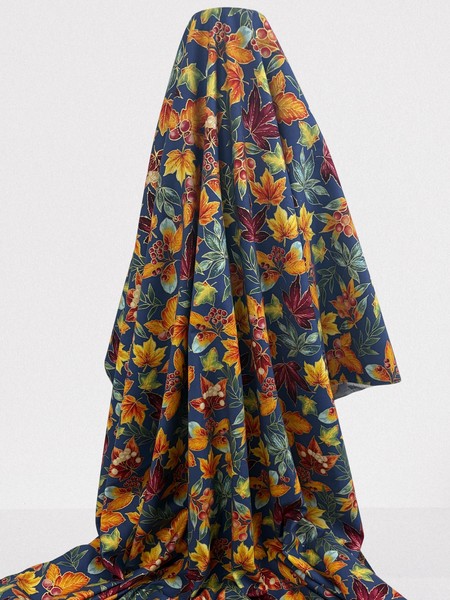 Foiled Autumn Leaves on Airforce Blue Printed Cotton