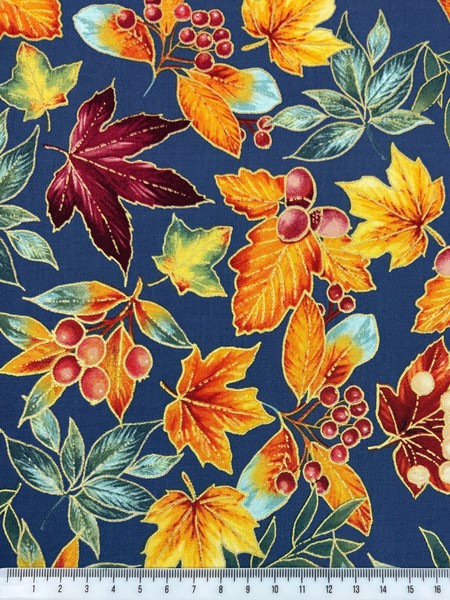 Foiled Autumn Leaves on Airforce Blue Printed Cotton
