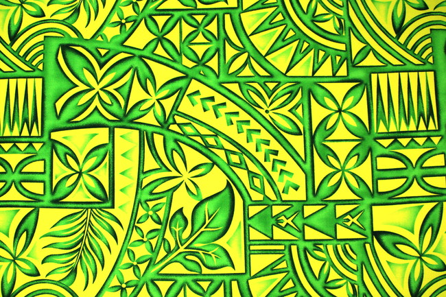 Green Tones on Lime Pacific Island Design Cotton Dobby