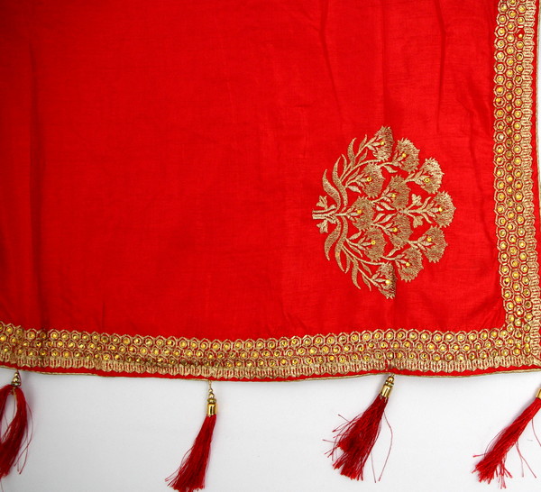 Red Embroidered Saree with Tassels