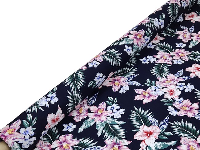 * SPECIAL * Hibiscus Flowers on Navy Crinkle Rayon