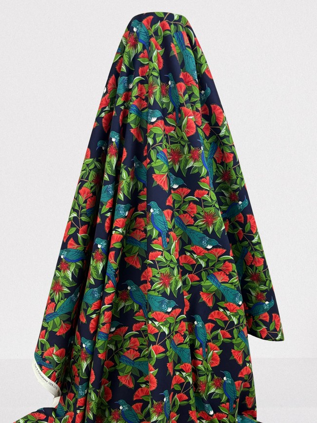 Tuis in Pohutukawa Kiwiana Cotton - Navy Background