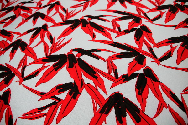Red & Black Leaves on Pale Grey Polyester Crepe
