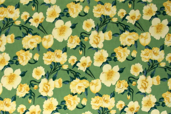 Muted Yellow Roses on Light Moss Green Printed Rayon