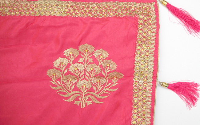 Bright Reddish Pink Embroidered Saree with Tassels