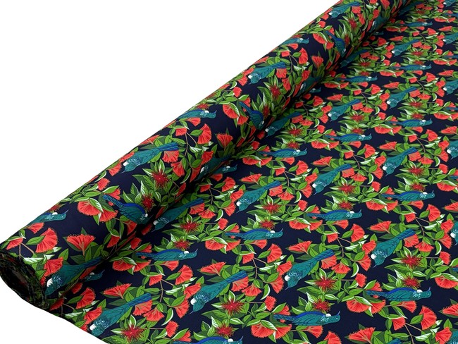 Tuis in Pohutukawa Kiwiana Cotton - Navy Background