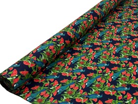 Tuis in Pohutukawa Kiwiana Cotton - Navy Background