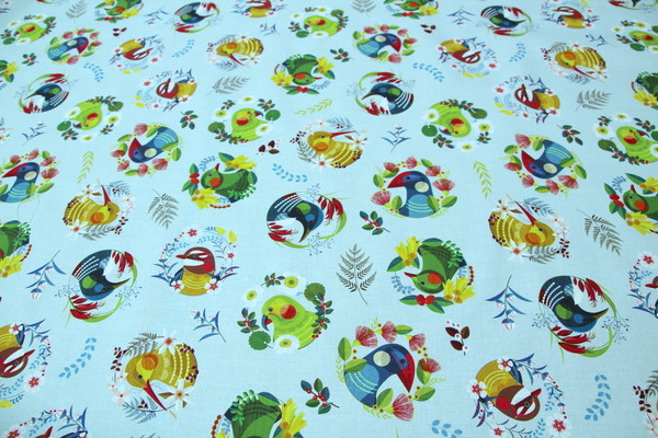 Feathered Friends on Pale Blue Printed Kiwiana Cotton