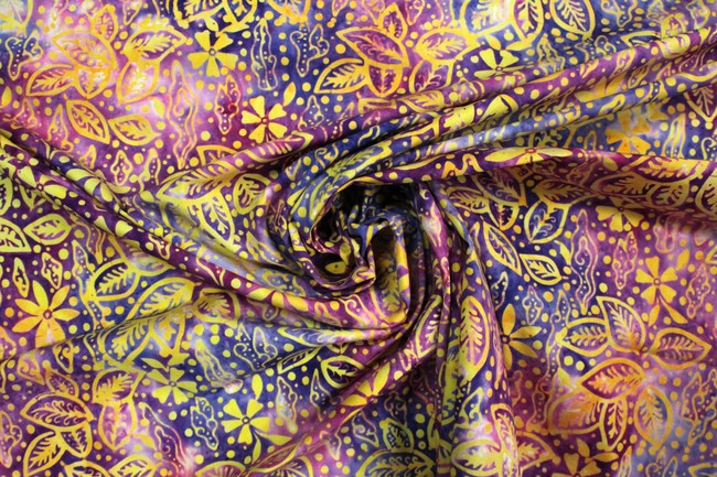 Yellow Batik Floral on Purple Tones Cotton